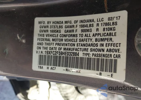 2017 Honda Civic Lx from USA, damaged, VIN 19XFC2F59HE032884
